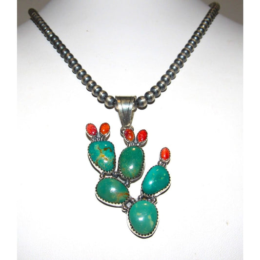 Navajo Prickly Pear Cactus Pendant Sterling Turquoise Red 