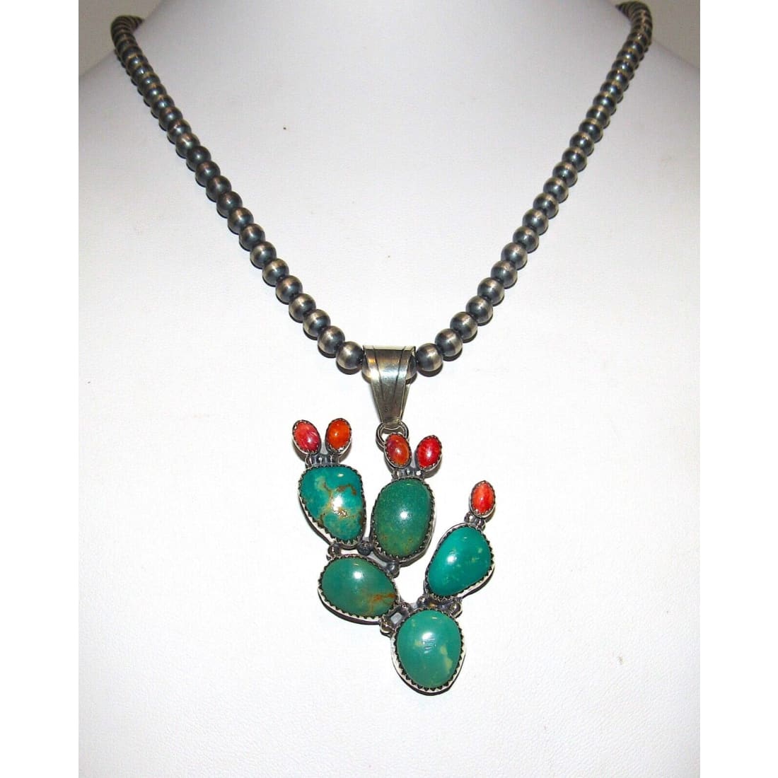 Navajo Prickly Pear Cactus Pendant Sterling Turquoise Red 