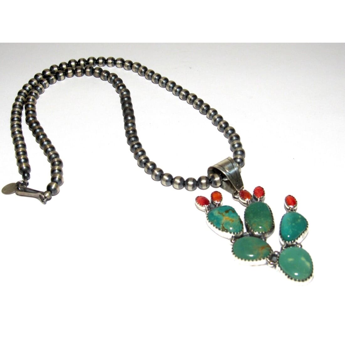 Navajo Prickly Pear Cactus Pendant Sterling Turquoise Red 