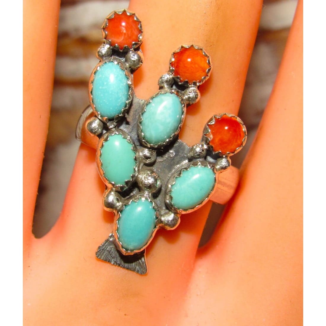 Navajo Prickly Pear Cactus Ring Sz 6.5 Sterling Silver 