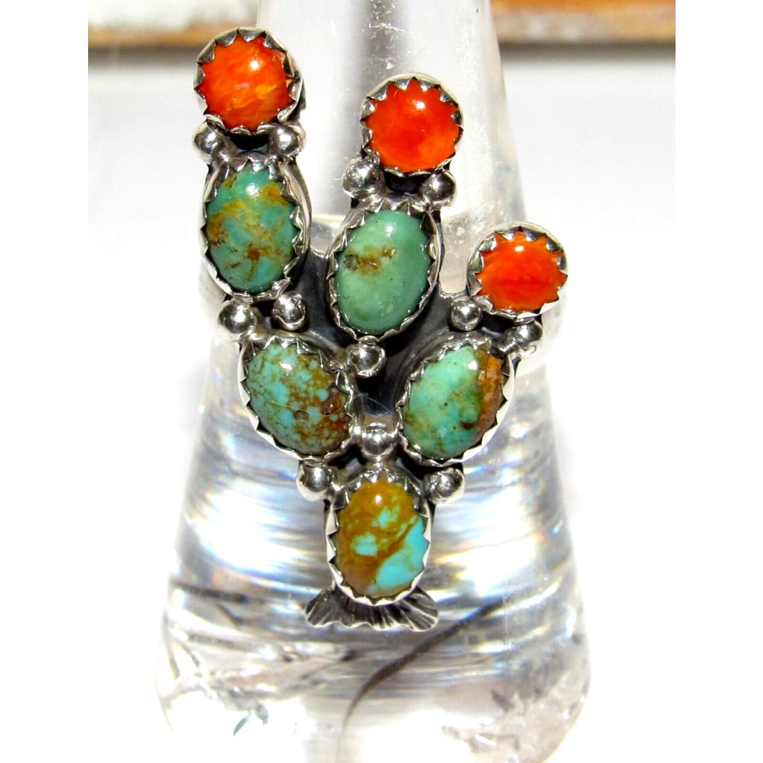 Navajo Prickly Pear Cactus Ring Sz 7.5 Sterling Silver 