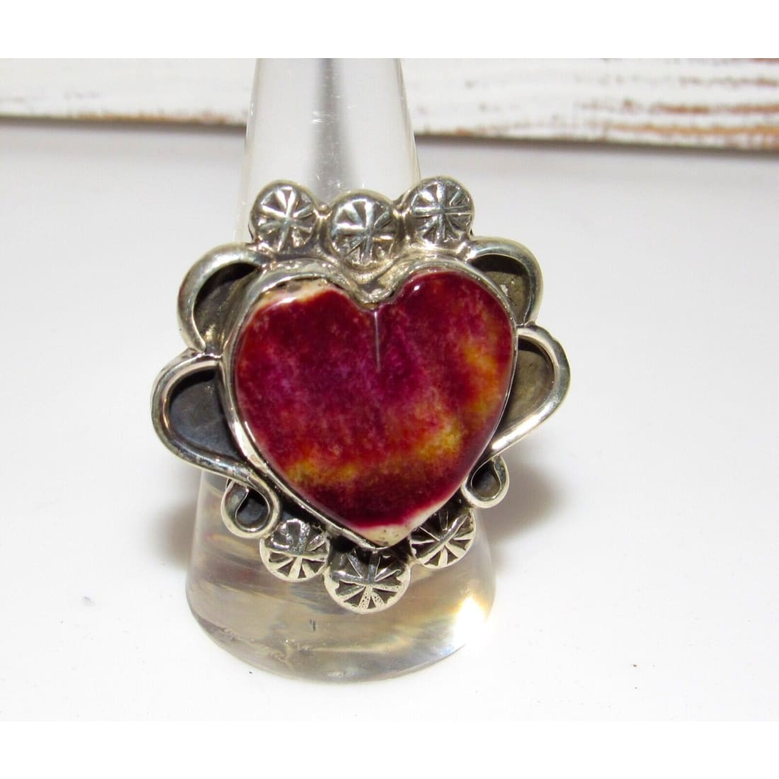 Navajo Purple Spiny Oyster Heart Ring Adjustable Sterling Adam Fierro Singed Native American