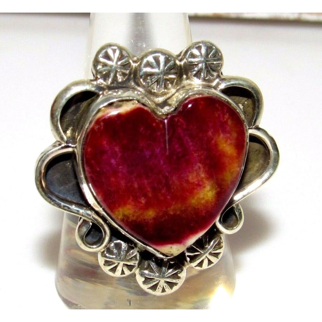 Navajo Purple Spiny Oyster Heart Ring Adjustable Sterling Adam Fierro Singed Native American