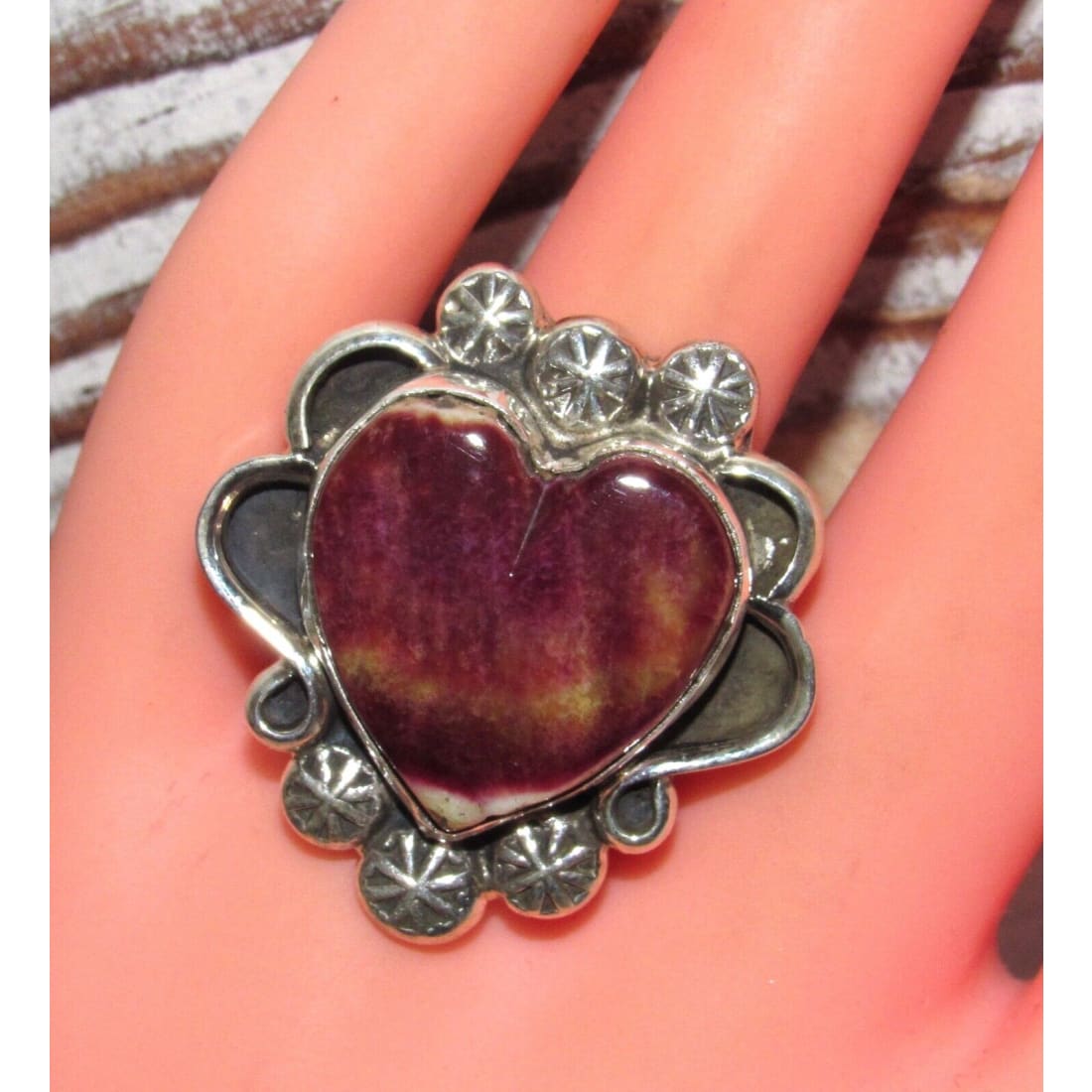 Navajo Purple Spiny Oyster Heart Ring Adjustable Sterling Adam Fierro Singed Native American