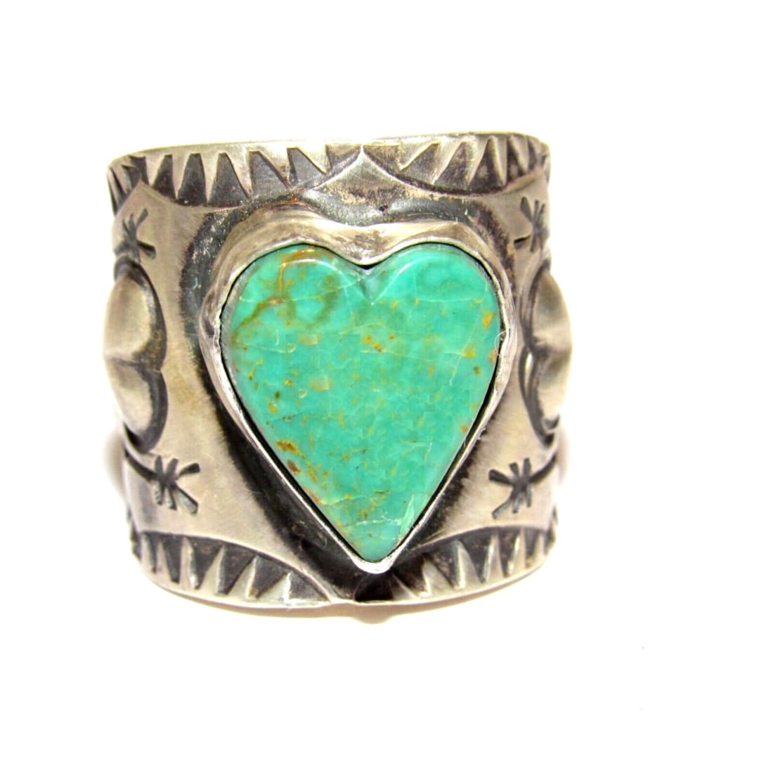 Navajo R.Willie Turquoise Heart Ring Sz 8 Sterling Silver 