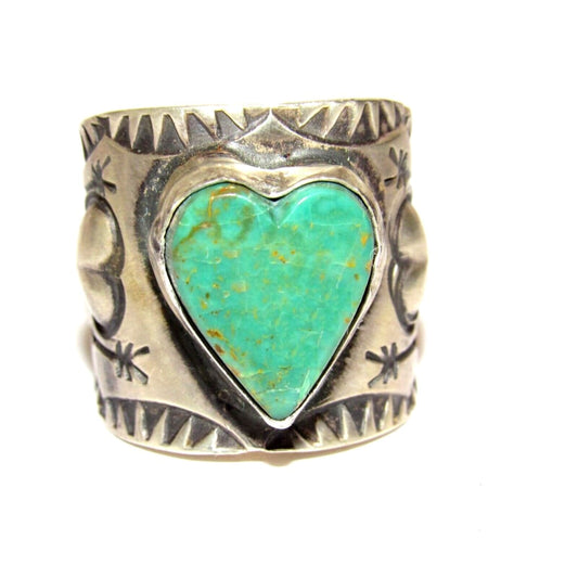 Navajo R.Willie Turquoise Heart Ring Sz 8 Sterling Silver 