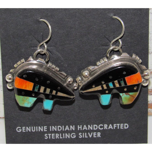 Navajo Ray Jack Turquoise Coral Jet Inlay Bear Earrings