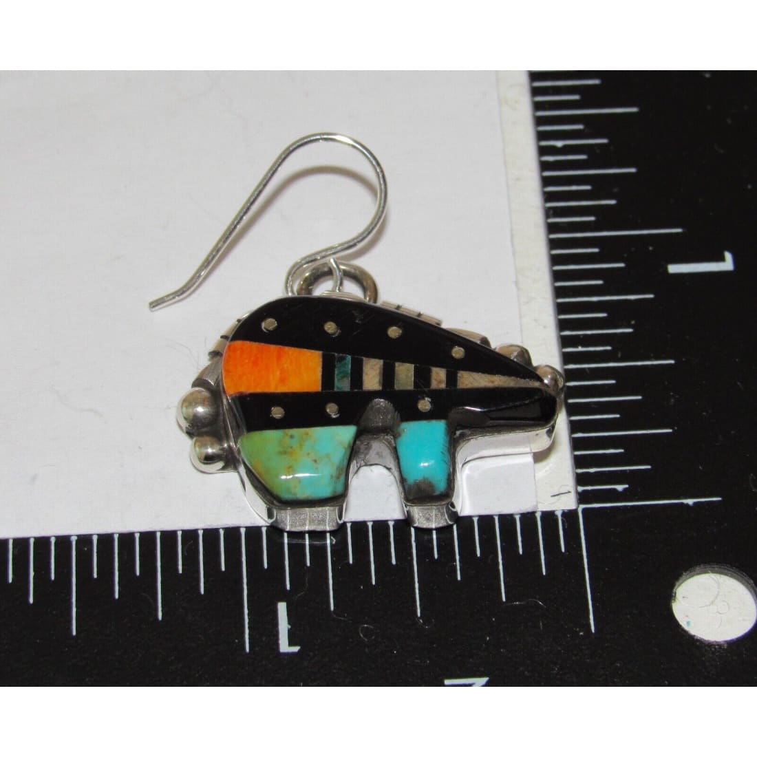 Navajo Ray Jack Turquoise Coral Jet Inlay Bear Earrings