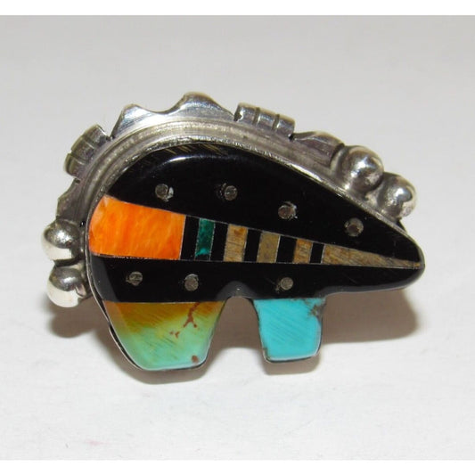 Navajo Ray Jack Turquoise Coral Jet Inlay Bear Ring Size 8