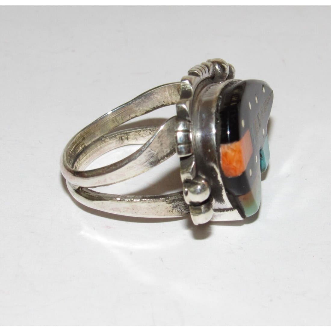 Navajo Ray Jack Turquoise Coral Jet Inlay Bear Ring Size 8