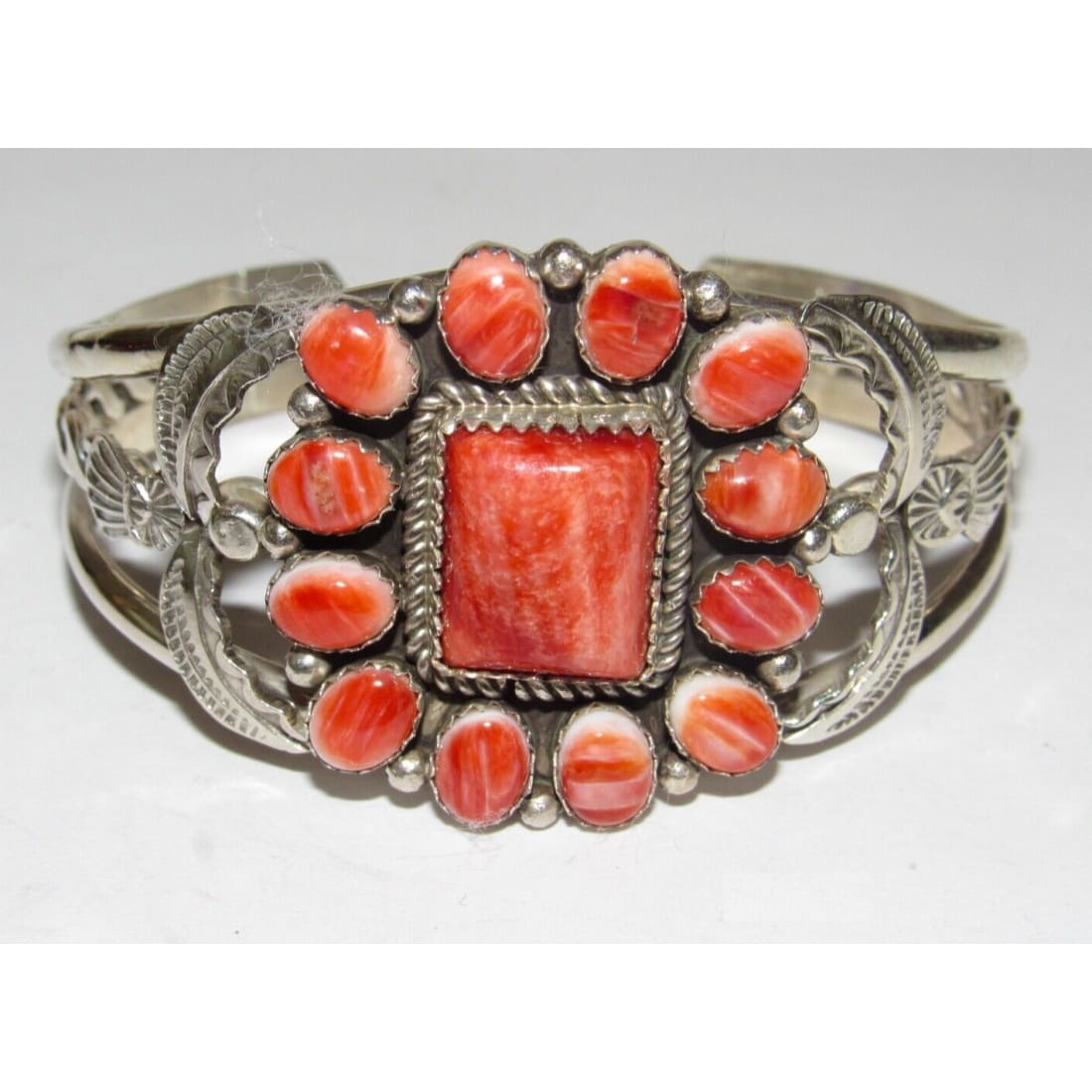 Navajo Red Orange Spiny Cluster Cuff Bracelet Stering Silver