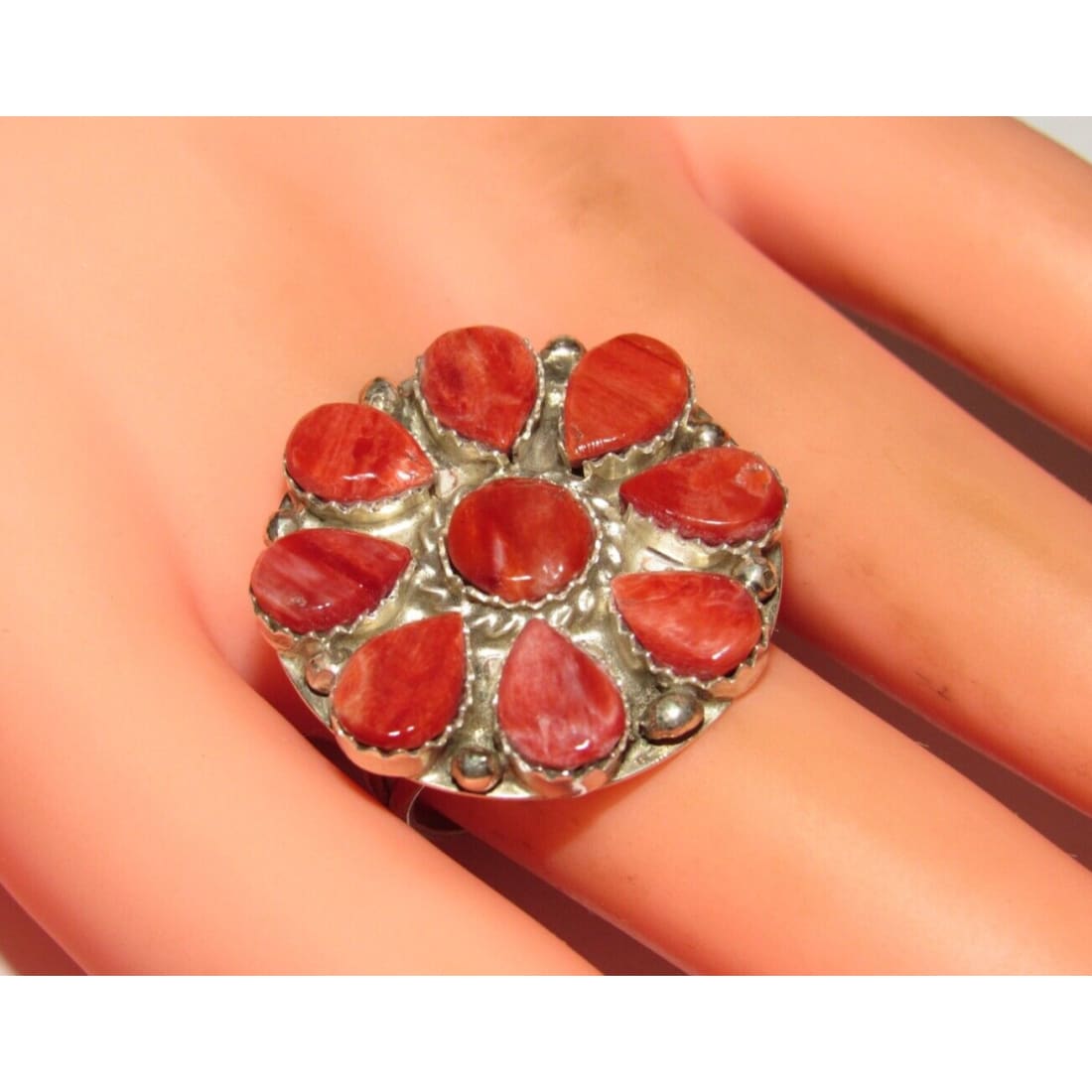Navajo Red Orange Spiny Cluster Ring Sz 9 Sterling Silver