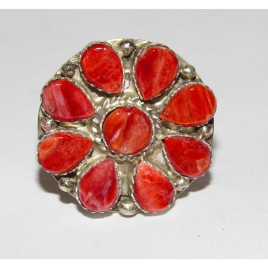 Navajo Red Orange Spiny Cluster Ring Sz 9 Sterling Silver