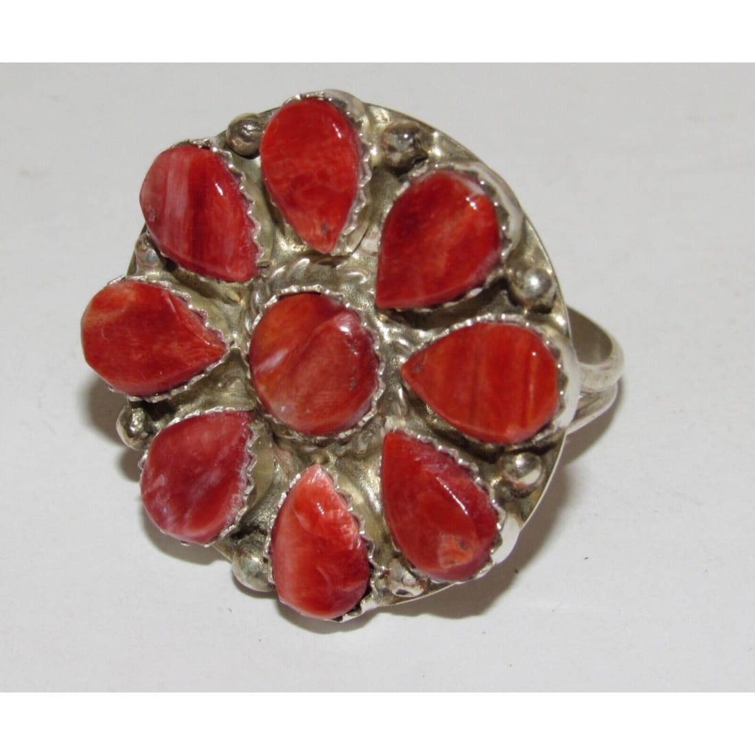 Navajo Red Orange Spiny Cluster Ring Sz 9 Sterling Silver