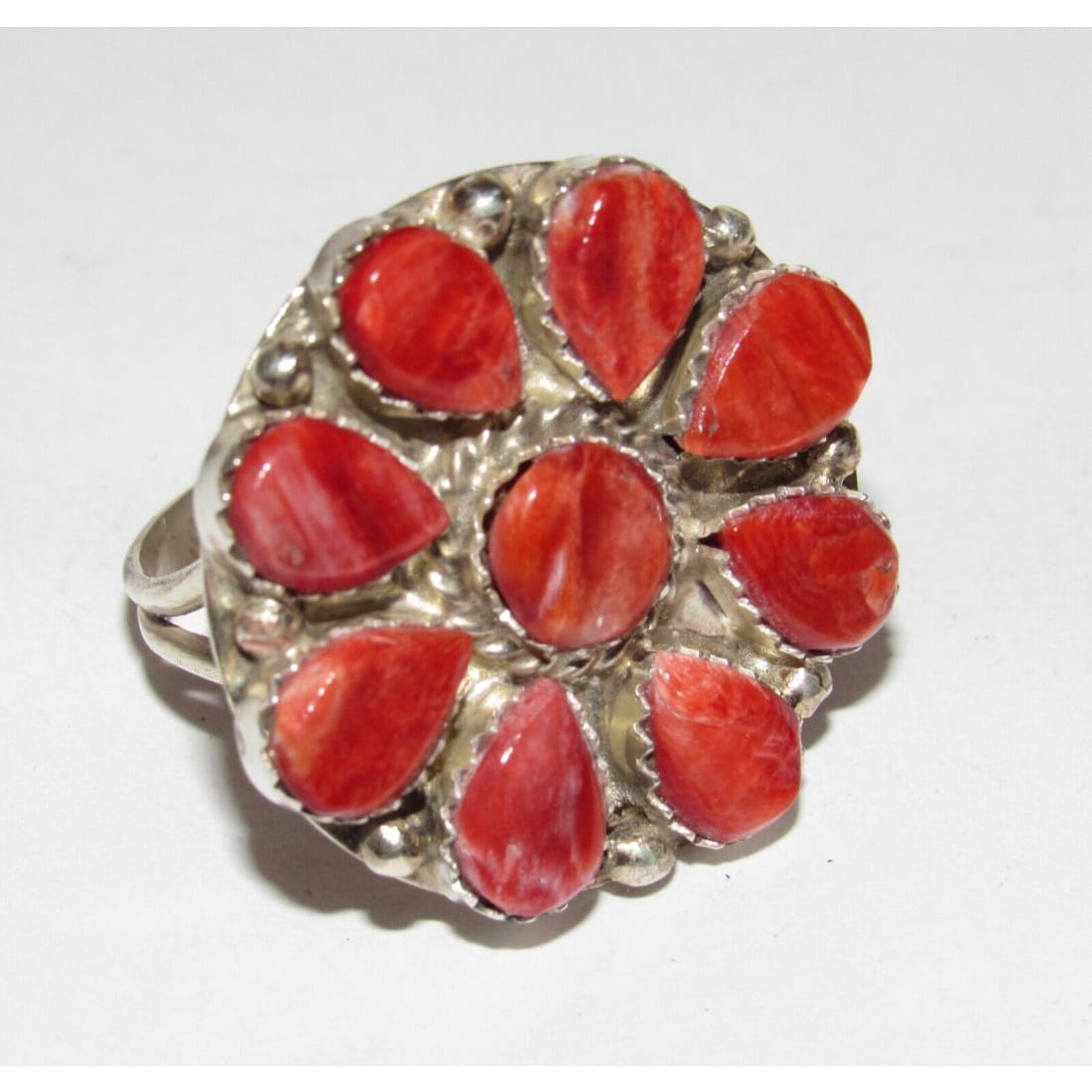 Navajo Red Orange Spiny Cluster Ring Sz 9 Sterling Silver