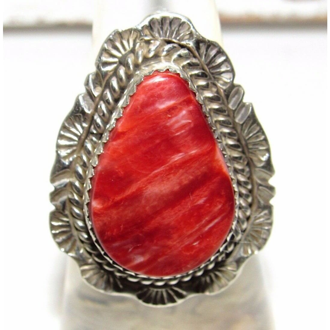 Navajo Red Orange Spiny Ring Size 7.5 Sterling Silver Native American Signed Handmade Native American