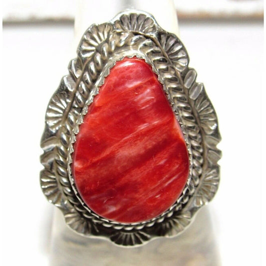 Navajo Red Orange Spiny Ring Size 7.5 Sterling Silver Native American Signed Handmade Native American