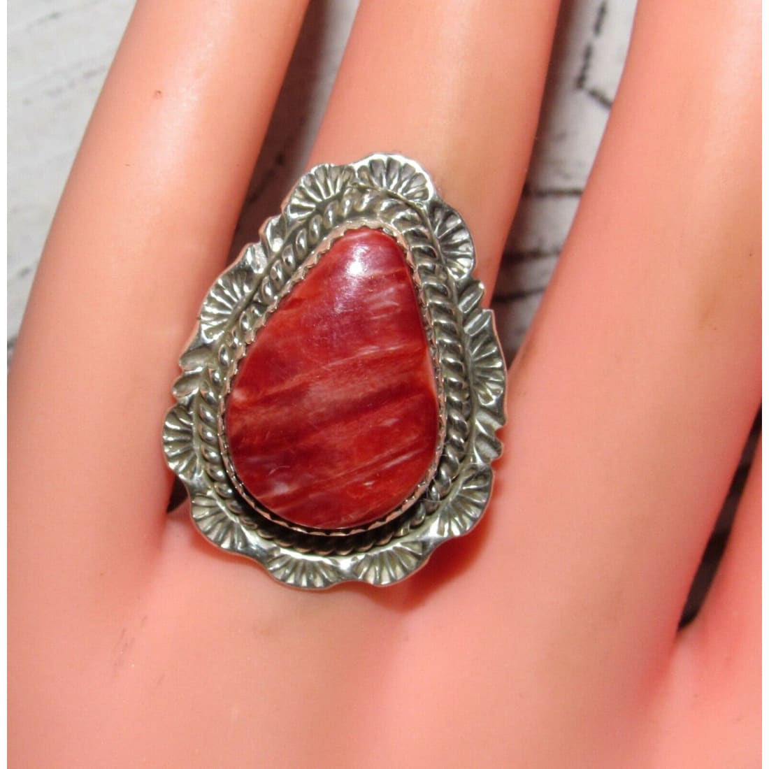 Navajo Red Orange Spiny Ring Size 7.5 Sterling Silver Native American Signed Handmade Native American