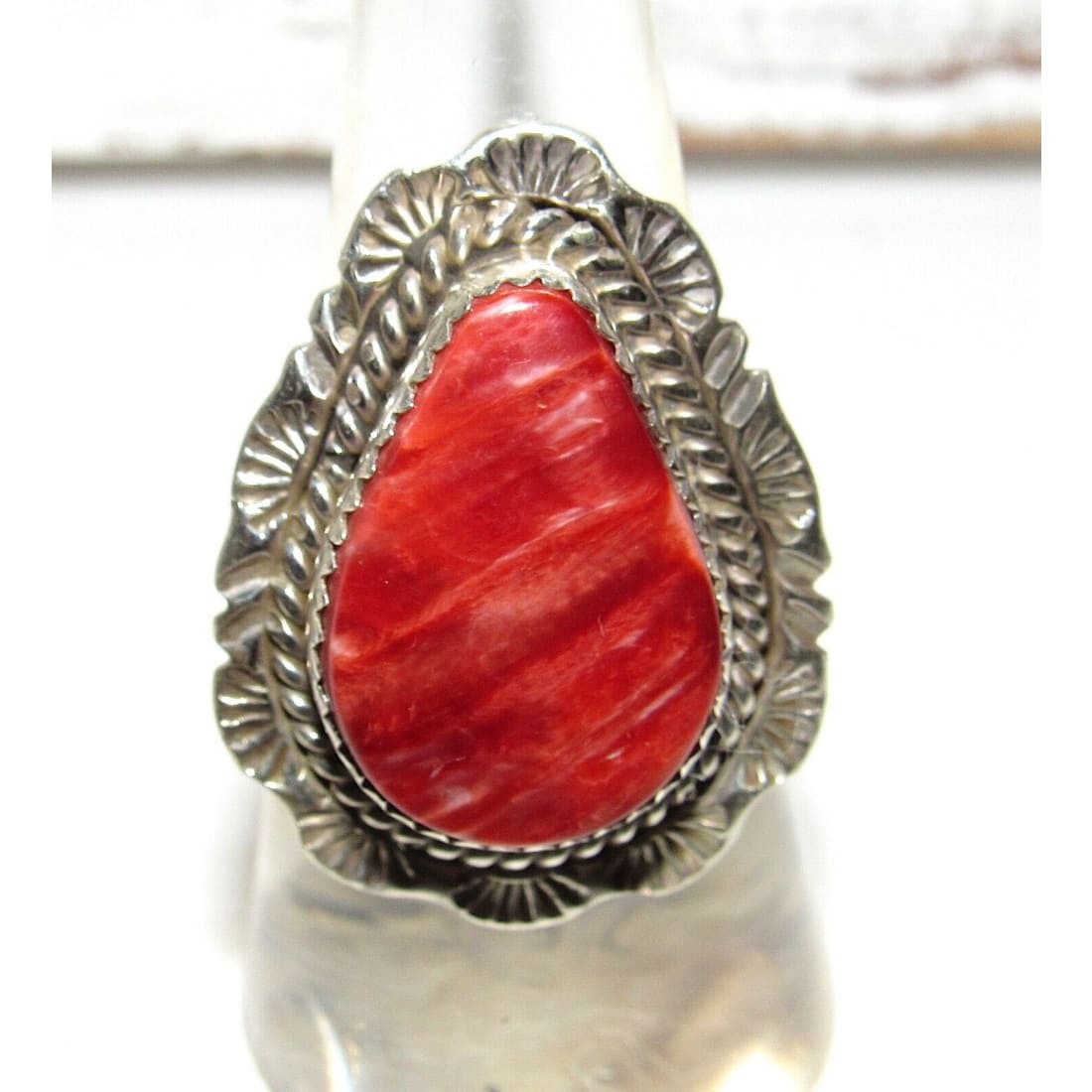 Navajo Red Orange Spiny Ring Size 7.5 Sterling Silver Native American Signed Handmade Native American