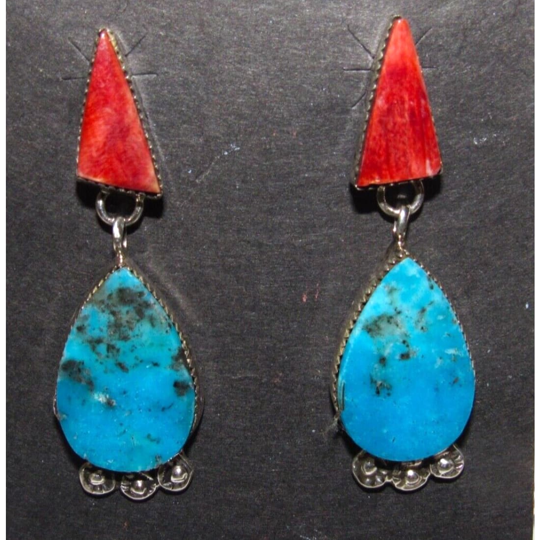 Navajo Red Spiny & Kingman Turquoise Dangle Earrings 