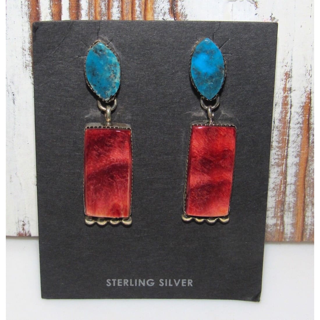 Navajo Red Spiny & Kingman Turquoise Dangle Earrings 