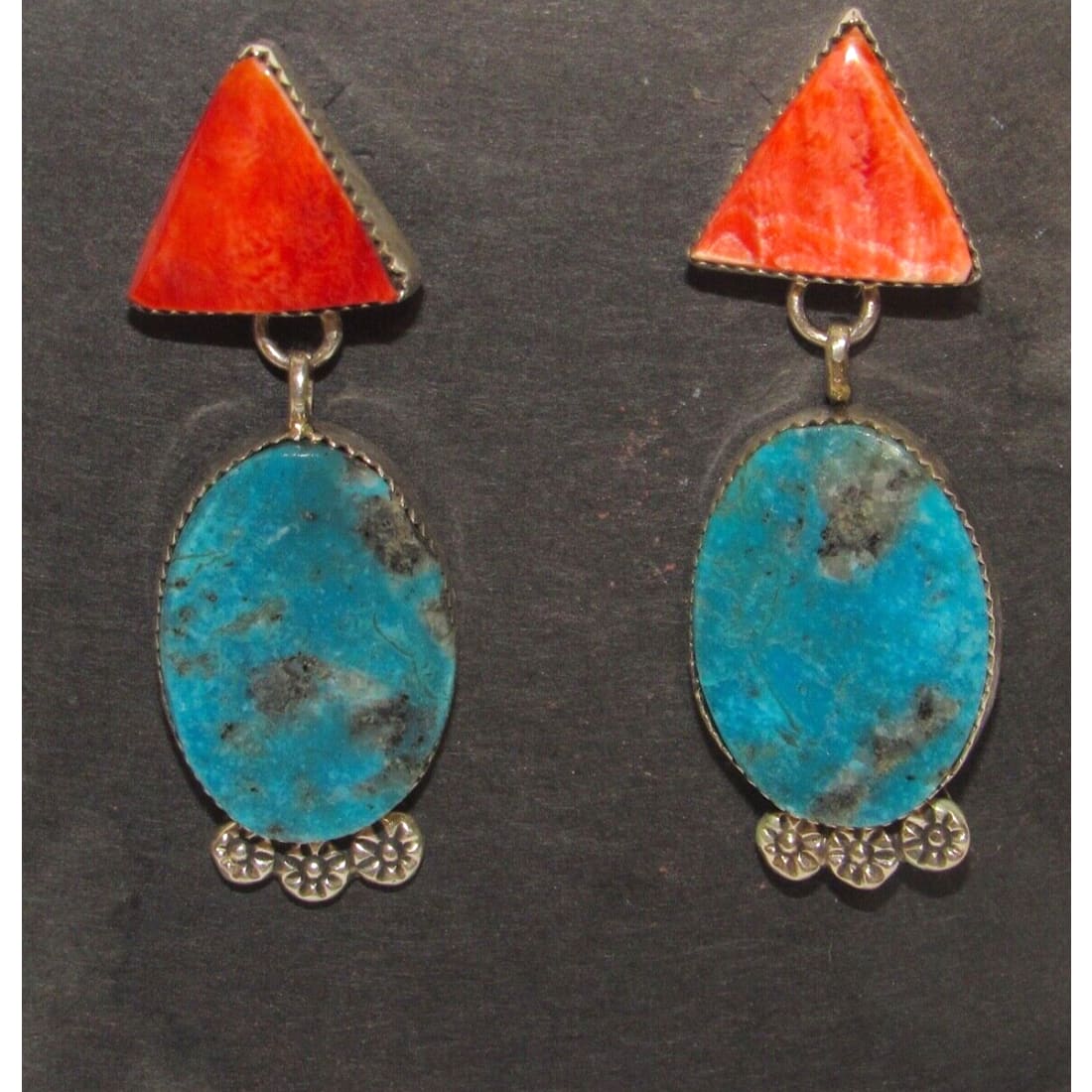 Navajo Red Spiny & Kingman Turquoise Dangle Earrings 