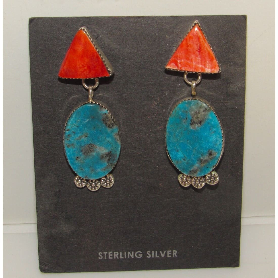 Navajo Red Spiny & Kingman Turquoise Dangle Earrings 