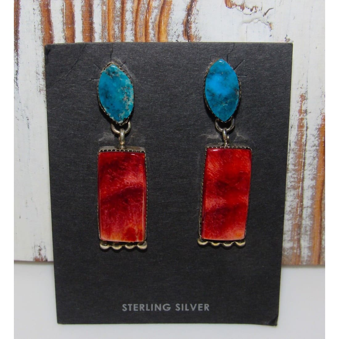 Navajo Red Spiny & Kingman Turquoise Dangle Earrings 