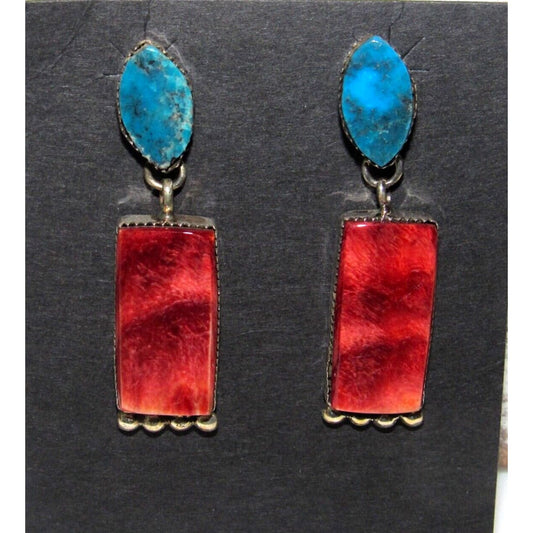 Navajo Red Spiny & Kingman Turquoise Dangle Earrings 