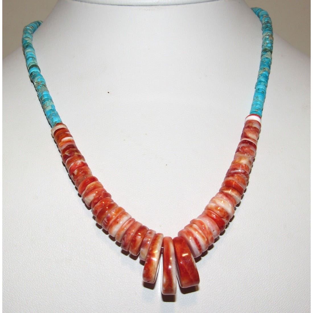 Navajo Red Spiny Oyster Kingman Turquoise Heishi Necklace 