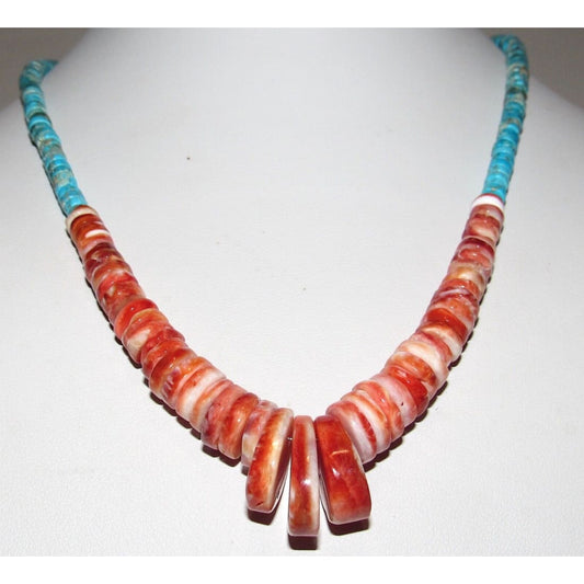 Navajo Red Spiny Oyster Kingman Turquoise Heishi Necklace 