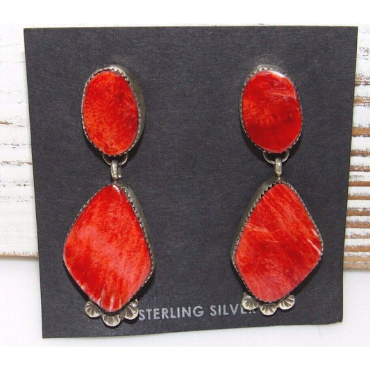 Navajo Red Spiny Oyster Sterling Silver Dangle Statement Earrings Signed Native Native American