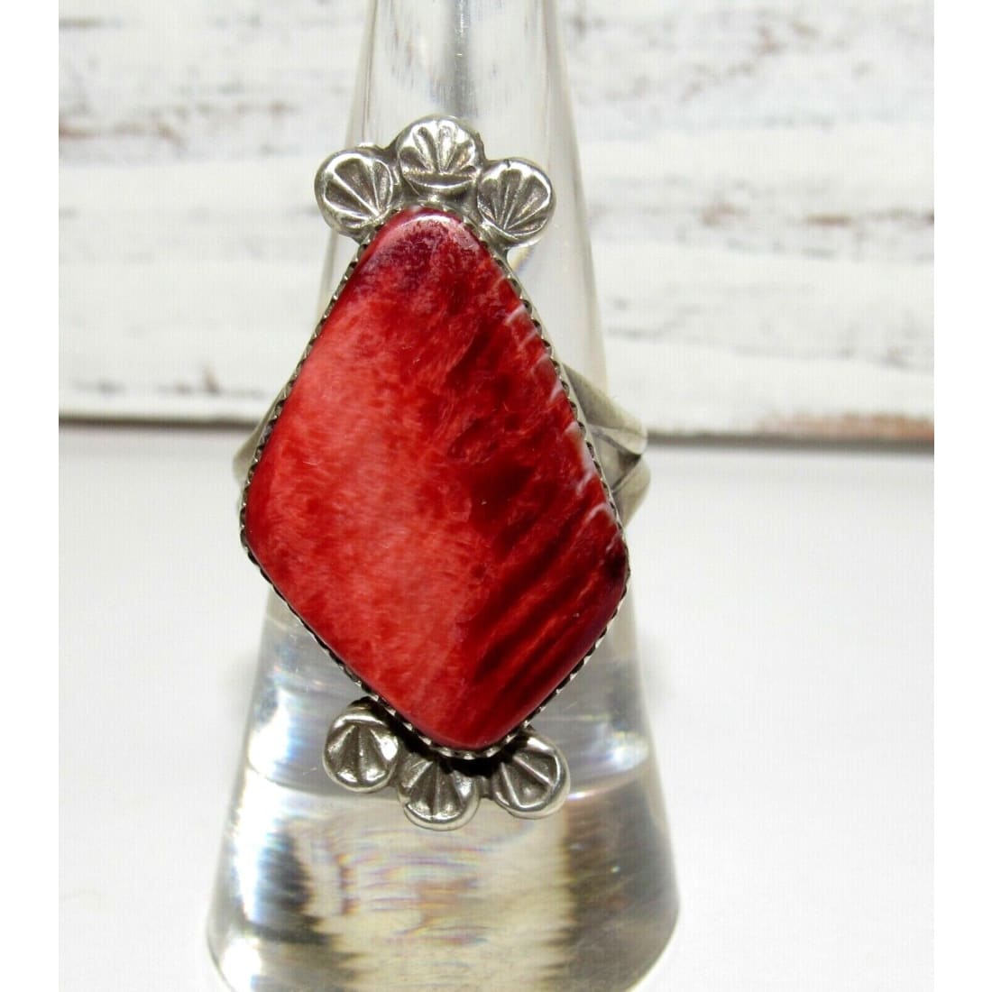 Navajo Red Spiny Ring Size 8 Sterling Silver Native American