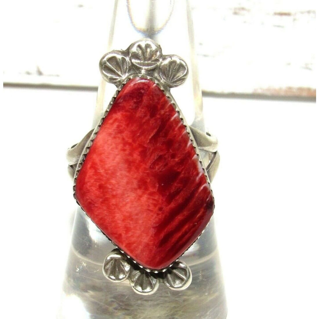Navajo Red Spiny Ring Size 8 Sterling Silver Native American