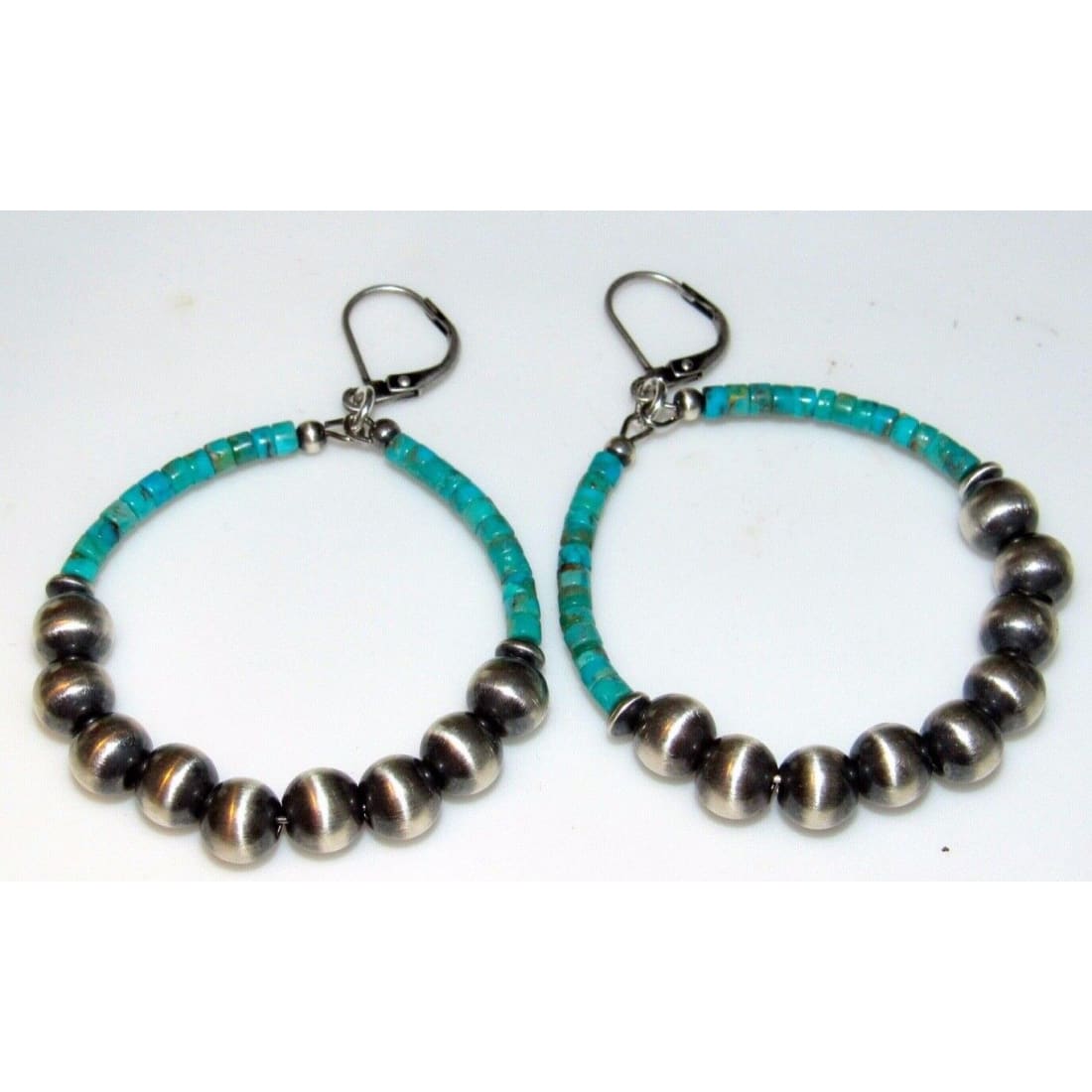 Navajo Rolled Kingman Turquoise & Sterling Navajo Pearls Beads Hoop Earrings Navajo