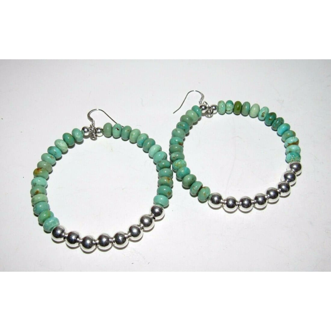 Navajo Rolled Turquoise & Sterling Navajo Pearls Beads Hoop Earrings Native American