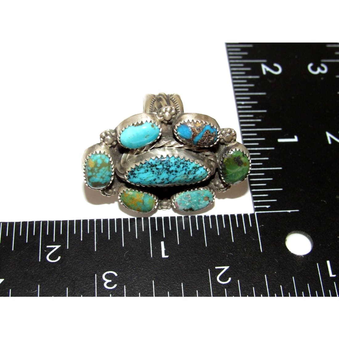 Navajo Royston & Kingman Turquoise Cluster Ring Sz 7
