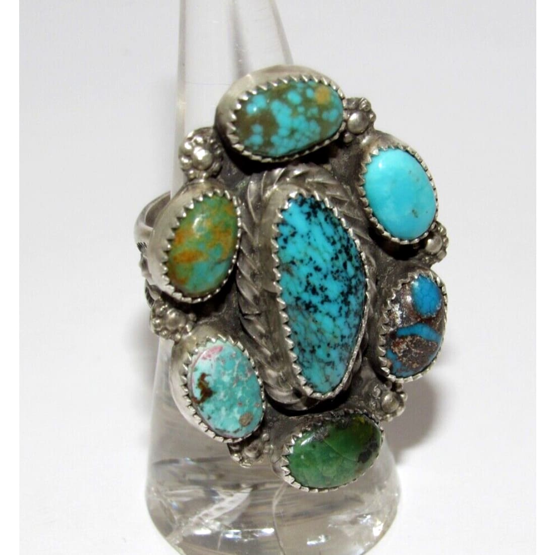 Navajo Royston & Kingman Turquoise Cluster Ring Sz 7