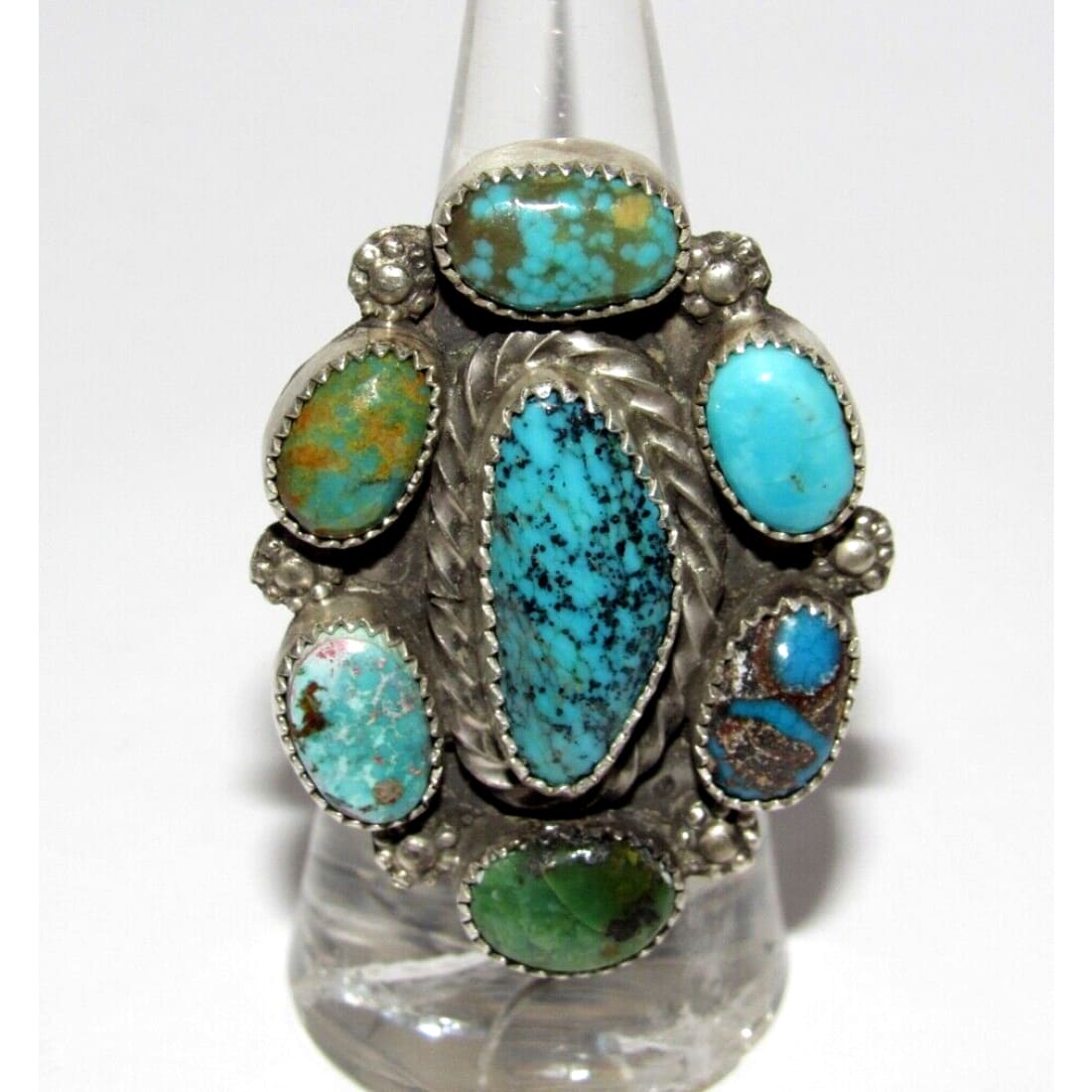 Navajo Royston & Kingman Turquoise Cluster Ring Sz 7