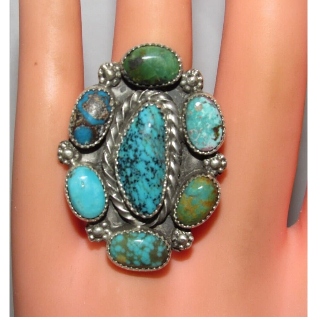 Navajo Royston & Kingman Turquoise Cluster Ring Sz 7