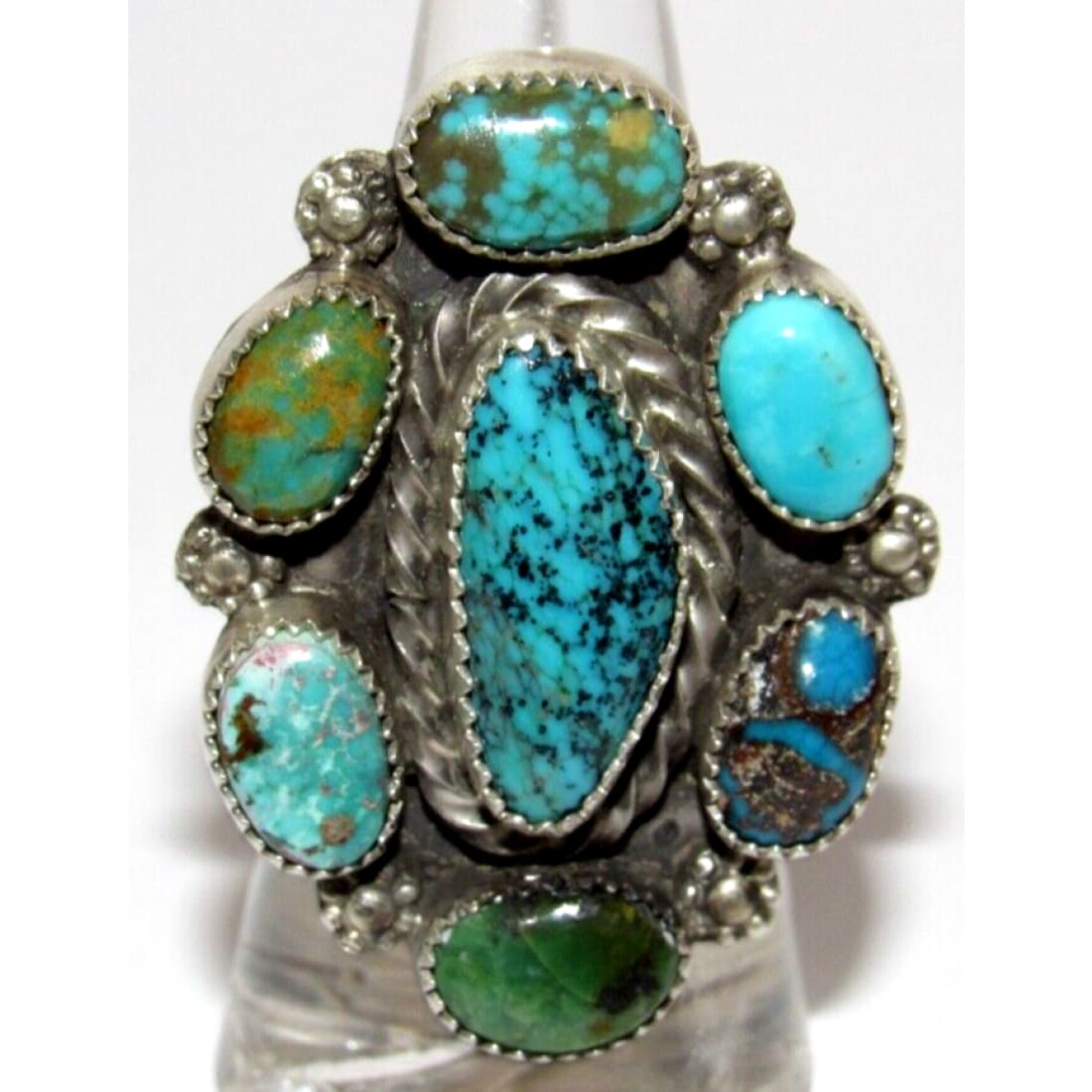 Navajo Royston & Kingman Turquoise Cluster Ring Sz 7