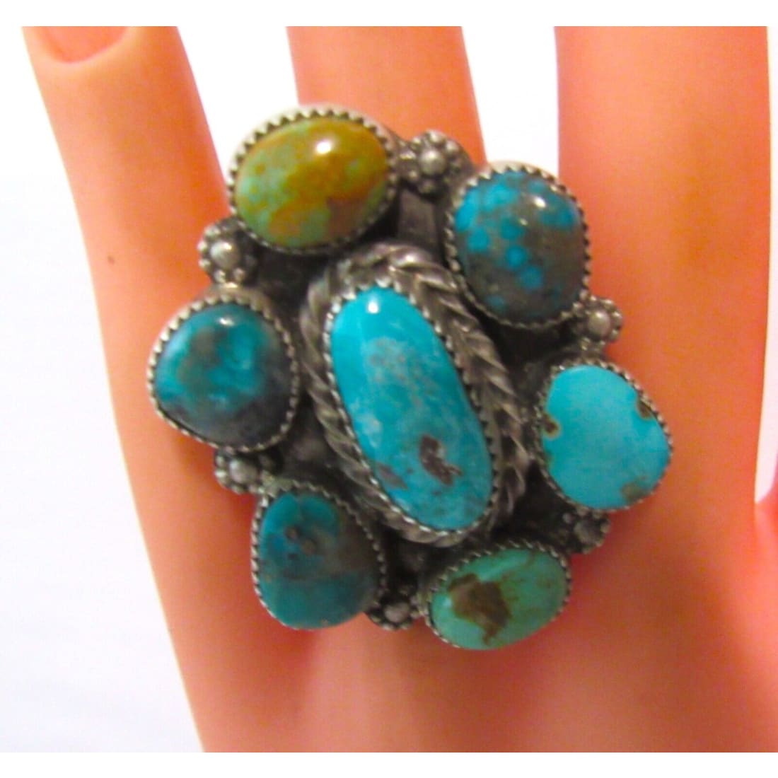 Navajo Royston & Kingman Turquoise Cluster Ring Sz 8