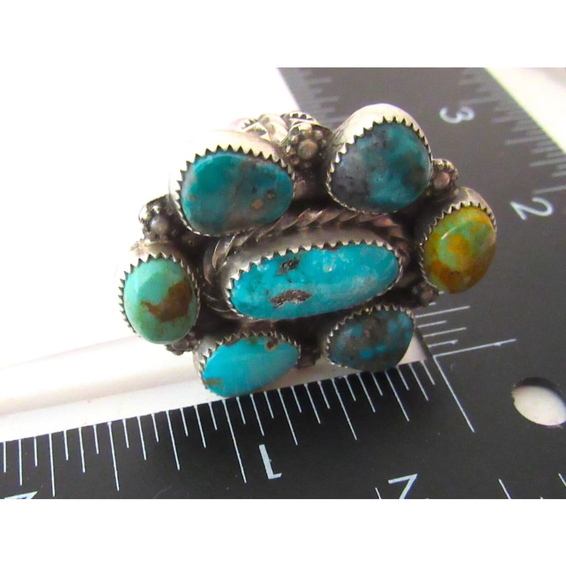 Navajo Royston & Kingman Turquoise Cluster Ring Sz 8