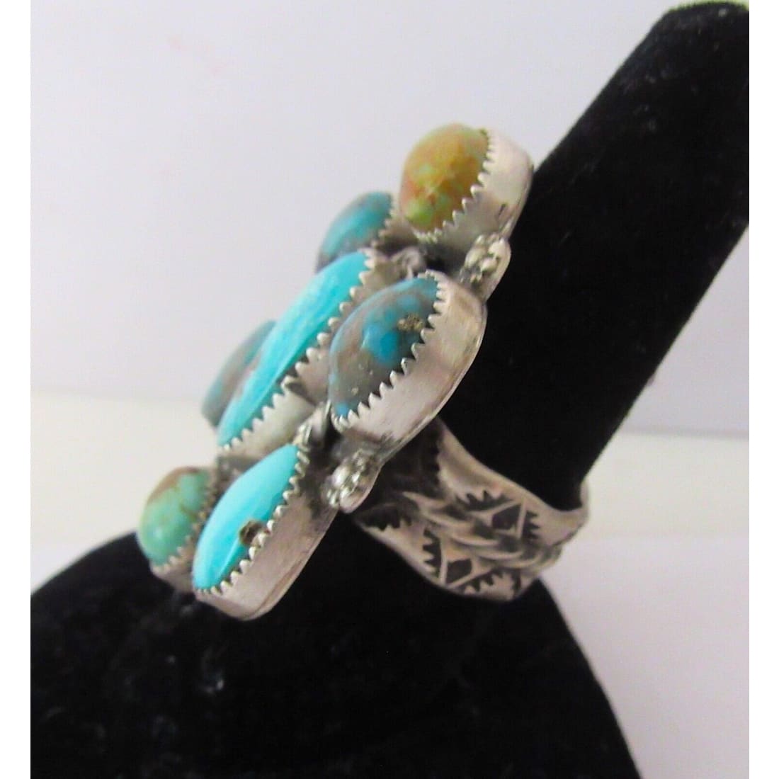 Navajo Royston & Kingman Turquoise Cluster Ring Sz 8