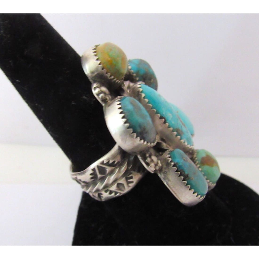 Navajo Royston & Kingman Turquoise Cluster Ring Sz 8