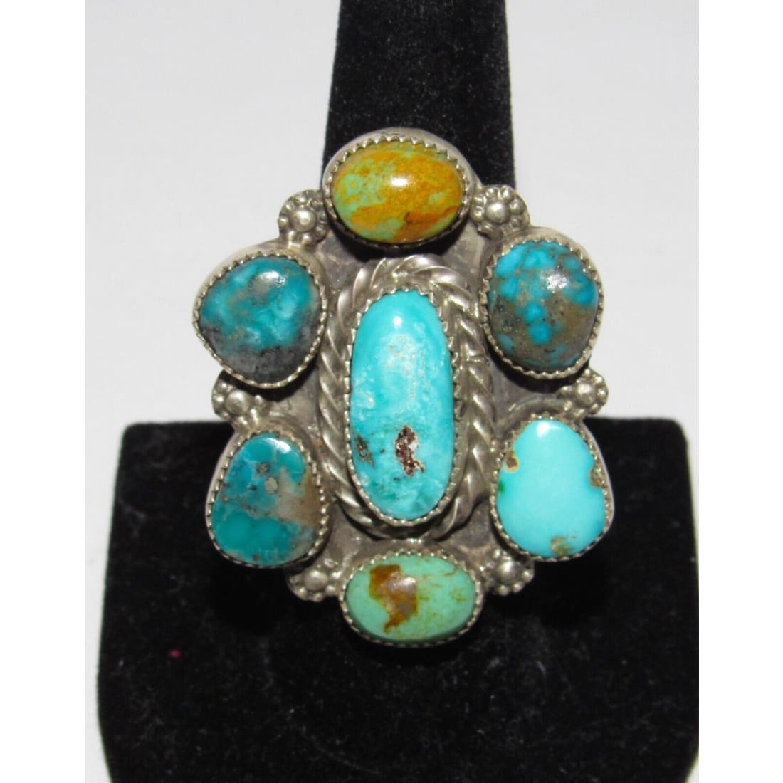 Navajo Royston & Kingman Turquoise Cluster Ring Sz 8