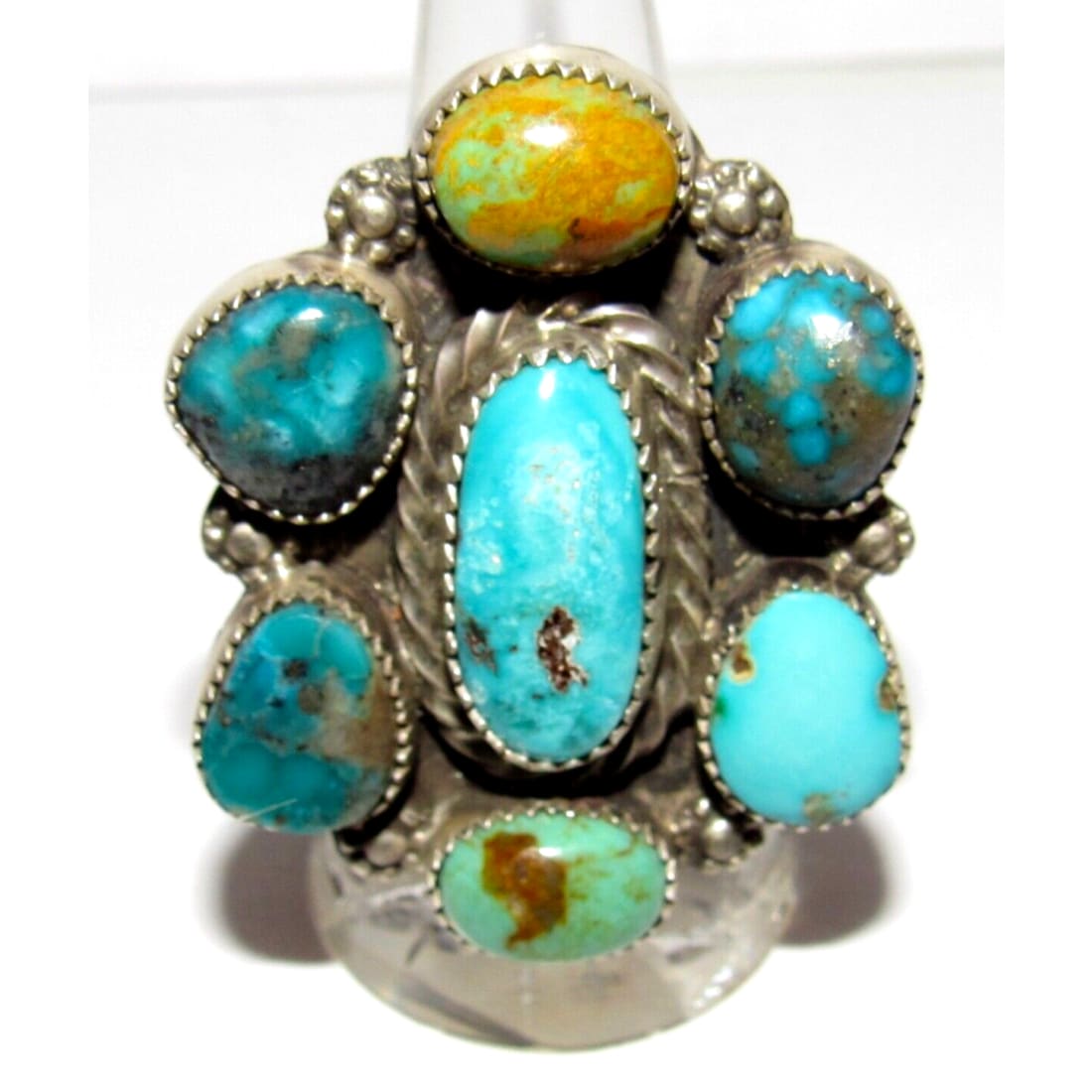 Navajo Royston & Kingman Turquoise Cluster Ring Sz 8