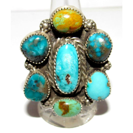 Navajo Royston & Kingman Turquoise Cluster Ring Sz 8