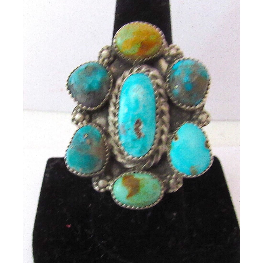 Navajo Royston & Kingman Turquoise Cluster Ring Sz 8