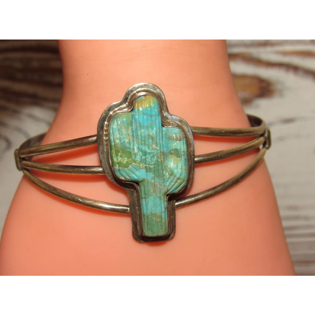 Navajo Royston Turquoise Cactus Bracelet Sterling Silver 
